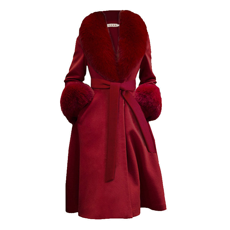 Manteau en laine épais double face pour femmes avec col en fourrure