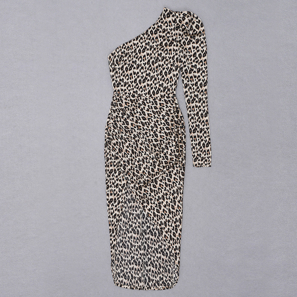 Leopard Print Long Sleeve Slim-Fit Split Sheath Dress