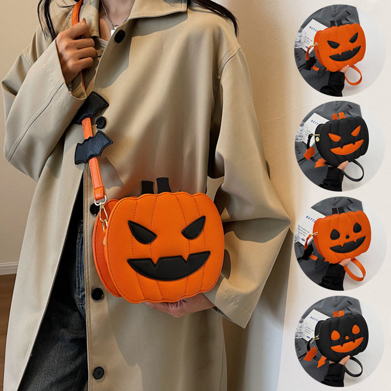 Funny Pumpkin Cartoon PU Shoulder Crossbody Bag with Bat Design for Women
