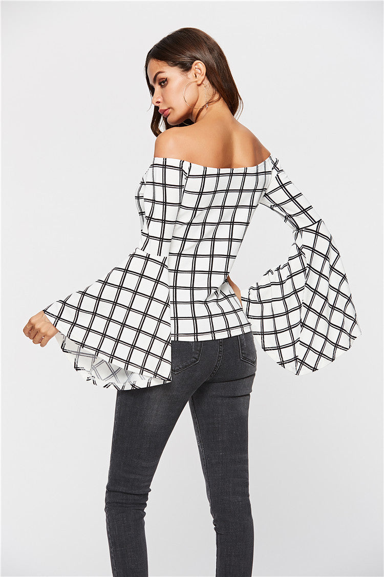 Off-The-Shoulder White Flared Sleeve Long-Sleeve Slim Fit T-Shirt for Women