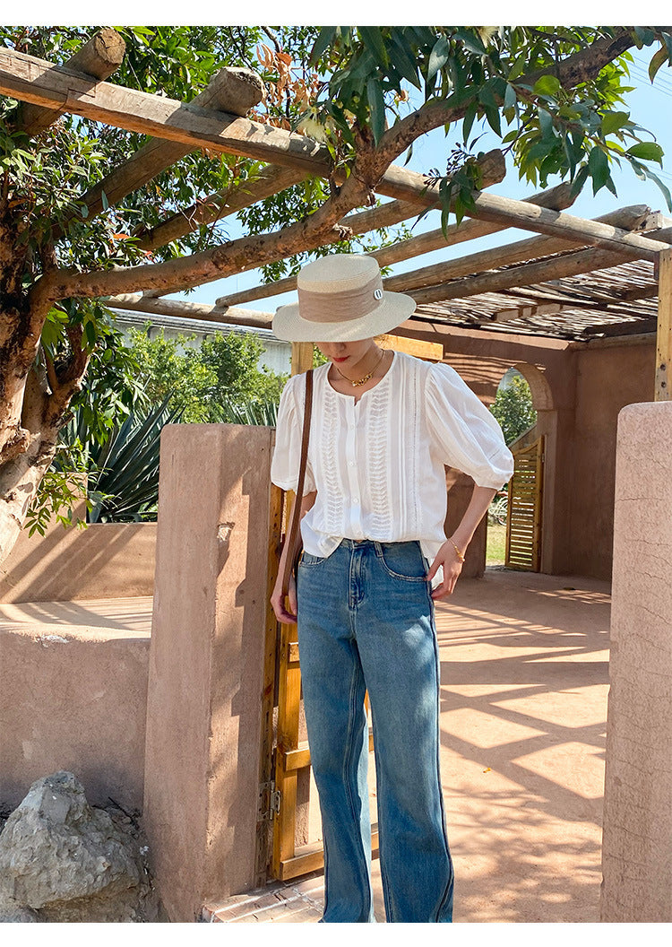 French Style Design White Shirt Vacation Style