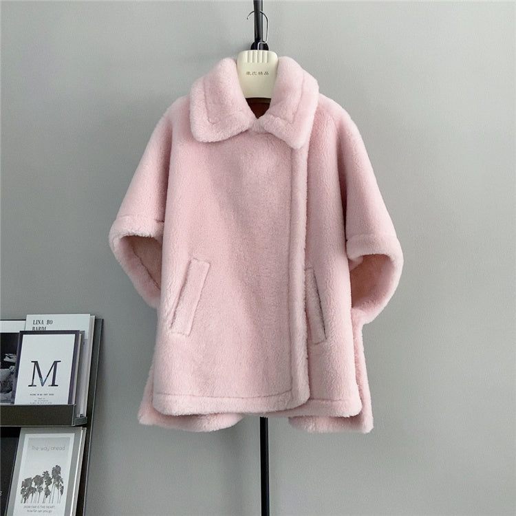 Manteau en laine mi-long ample chauve-souris pour femme avec fourrure d'agneau