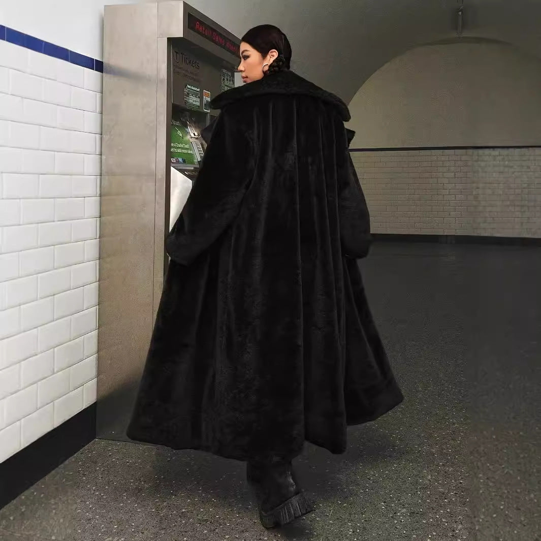 European & American Women's Black Long-Cut Coat Polyester XL-5XL