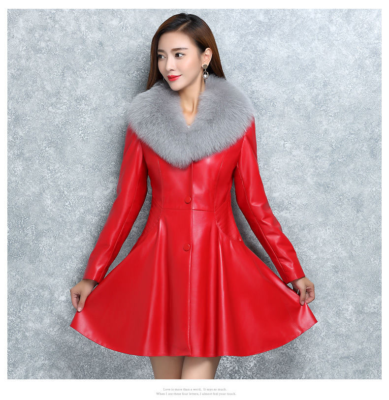 Women's Faux Fox Fur Collar Coat in Black & Red, Sizes S-XXXXL