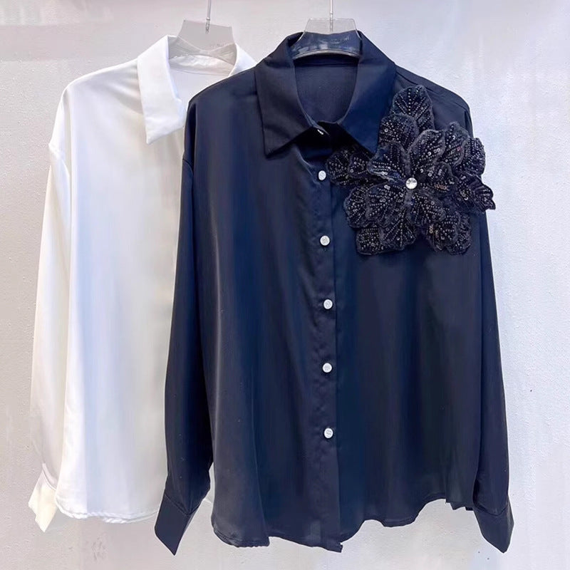 Chemisier à manches longues 3D Fleur Femme Blanc et Noir, Tailles S-L