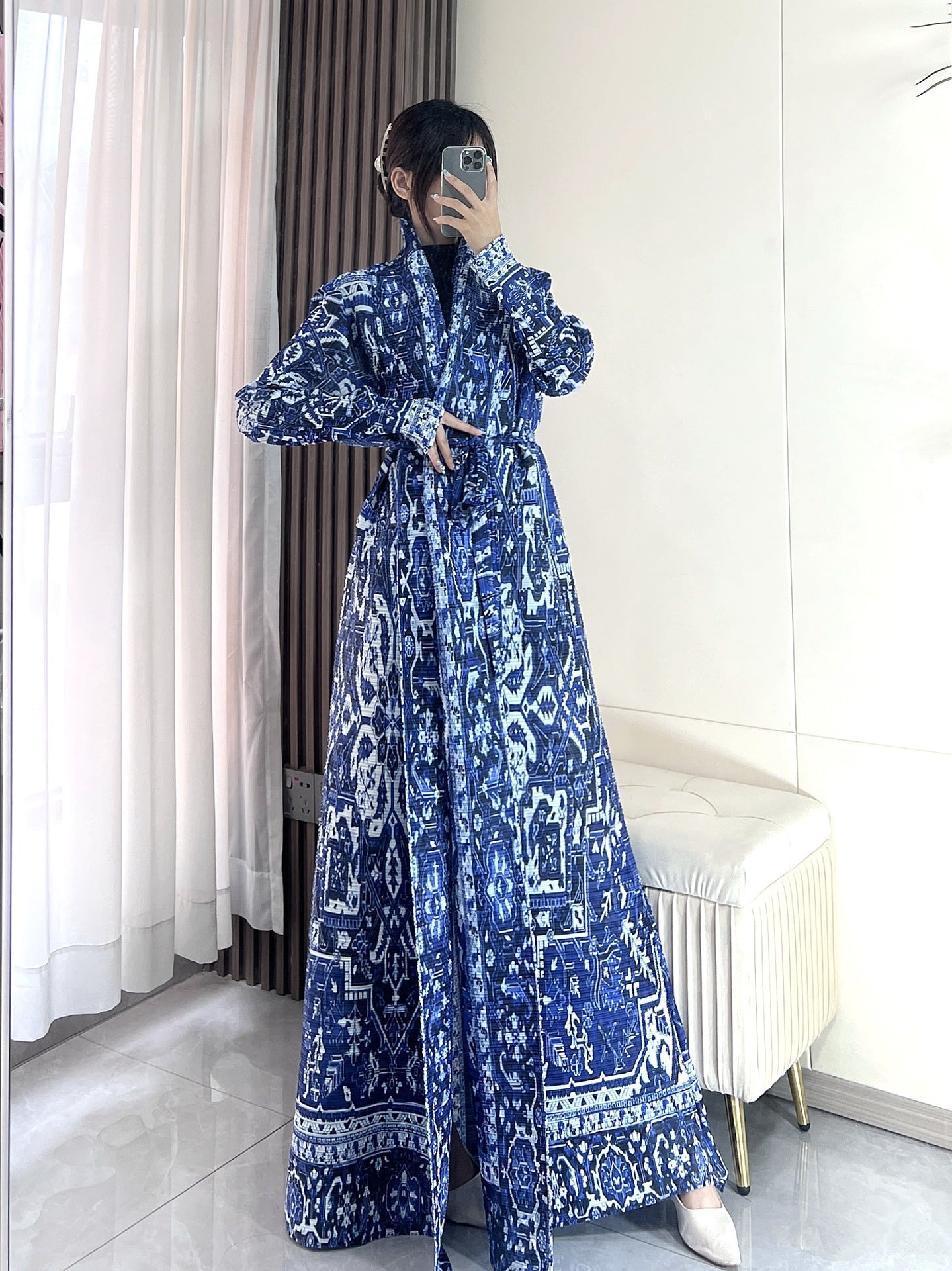 Pleated Print Fashionable All-match Lace-up Loose Arabian Abaya Robe