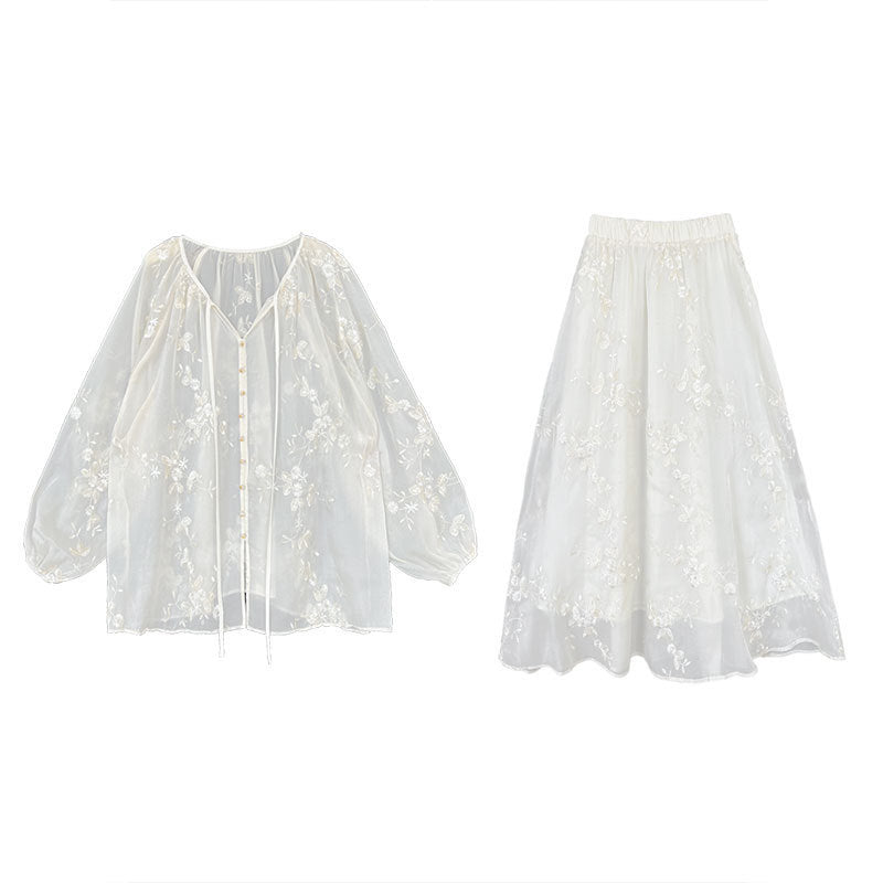 Chinese Style Embroidery Apricot Lantern Sleeve Mid-Length Dress Set M-L