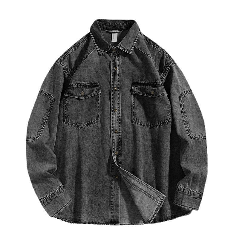 Cardigan Homme Lourd Délavé Ample Chemise Manteau en Coton Mélangé
