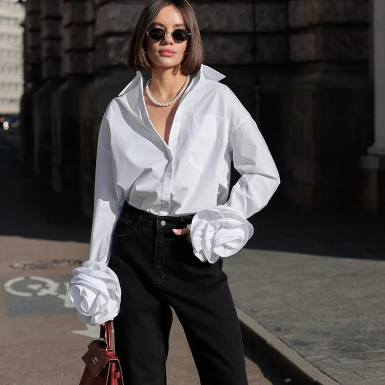 White Stitching Flower Long Sleeve Cotton Shirt