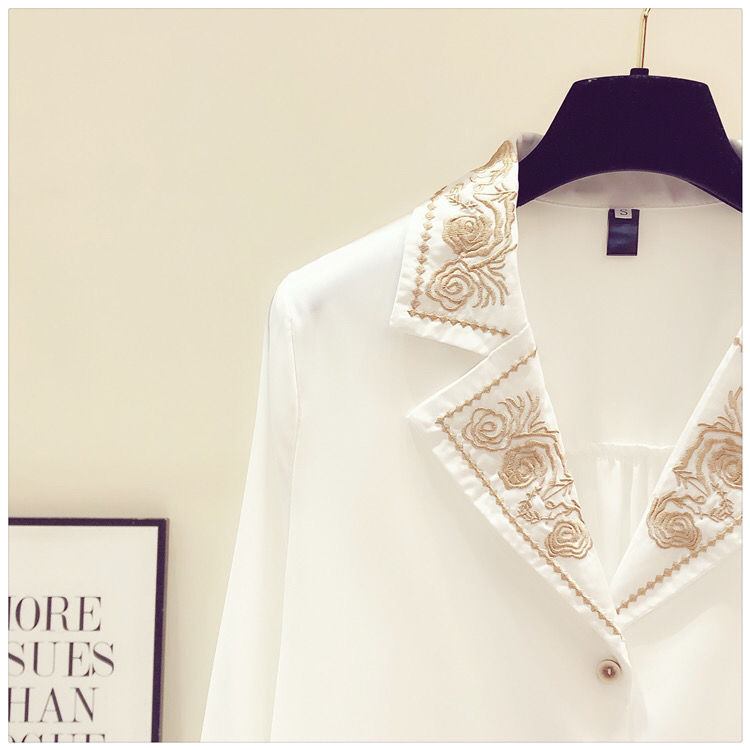 Western Style Embroidery Chiffon Long-sleeved Shirt Women's V-neck All-match Blouse