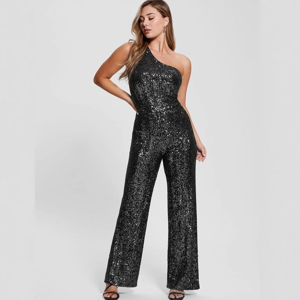 Women's Black Sleeveless Slim-Fit High Waist Belt Skirt with One-Shoulder Sequins