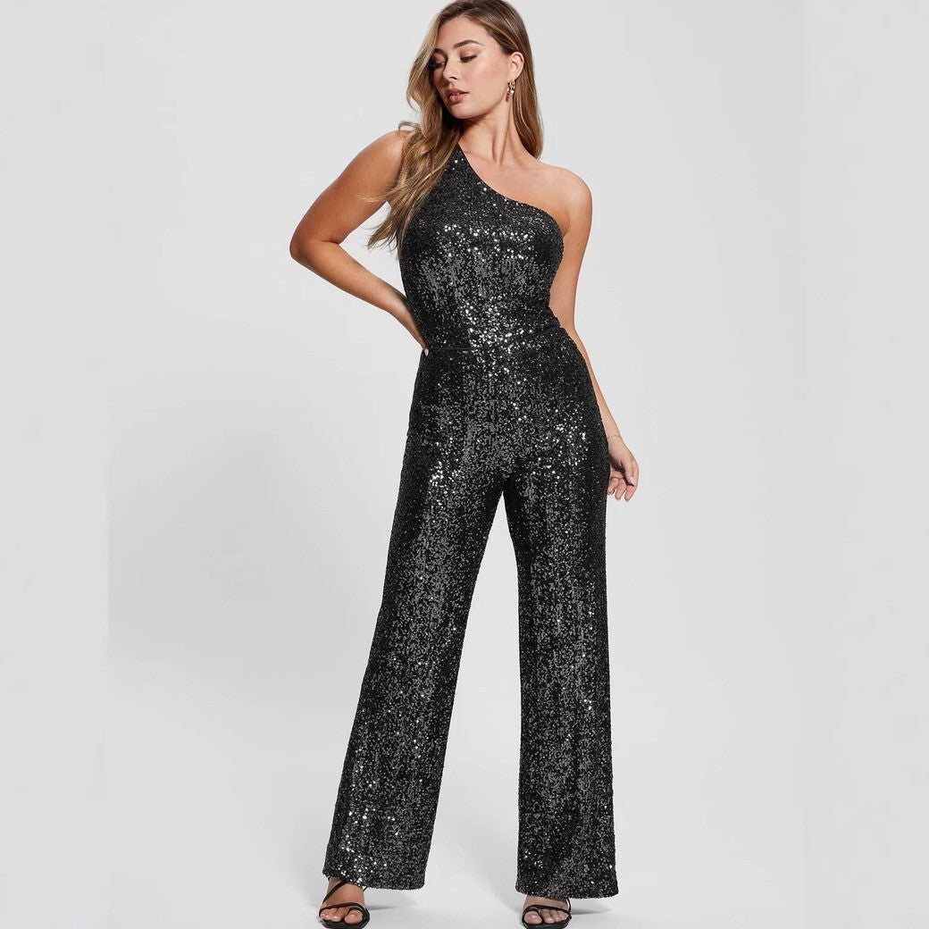 Women's Black Sleeveless Slim-Fit High Waist Belt Skirt with One-Shoulder Sequins