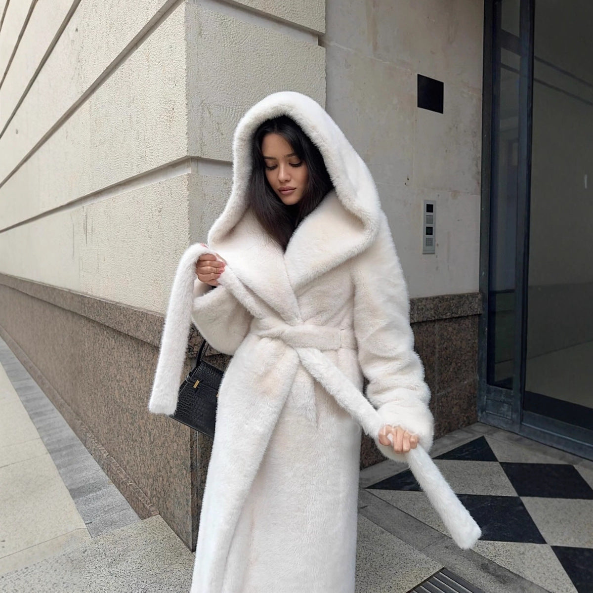 Long Hooded Artificial Fur Coat for Women in White, Black & Brown