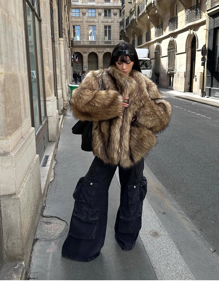 Women's Fur Coat Raccoon Fur Coat Brown Lapel Warm Furry Coat European And American Leisure