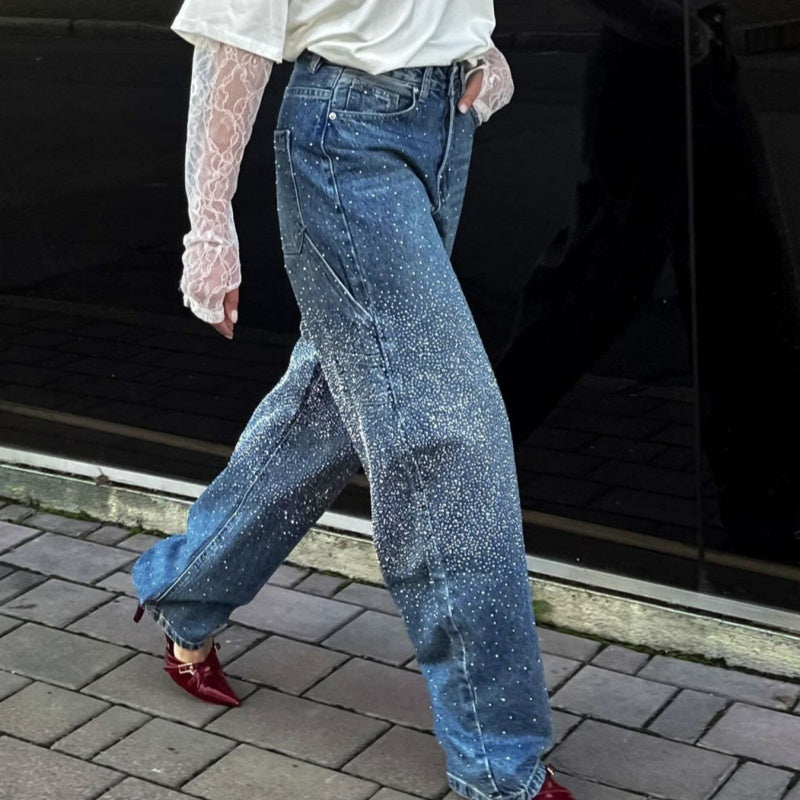 Starry Sky Rhinestone High Waist Blue Denim Straight Pants