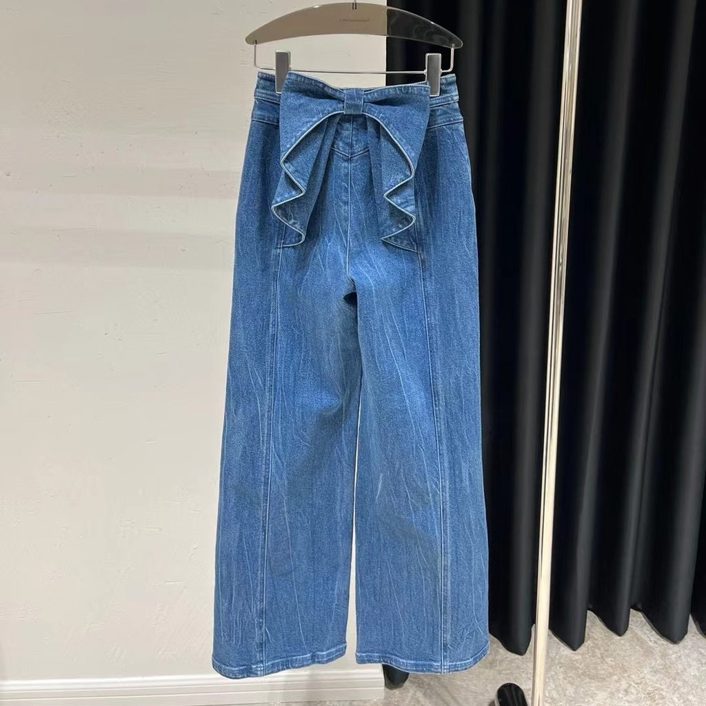 Women's Blue High Waist Cotton Jeans Wide-Leg Straight Trousers