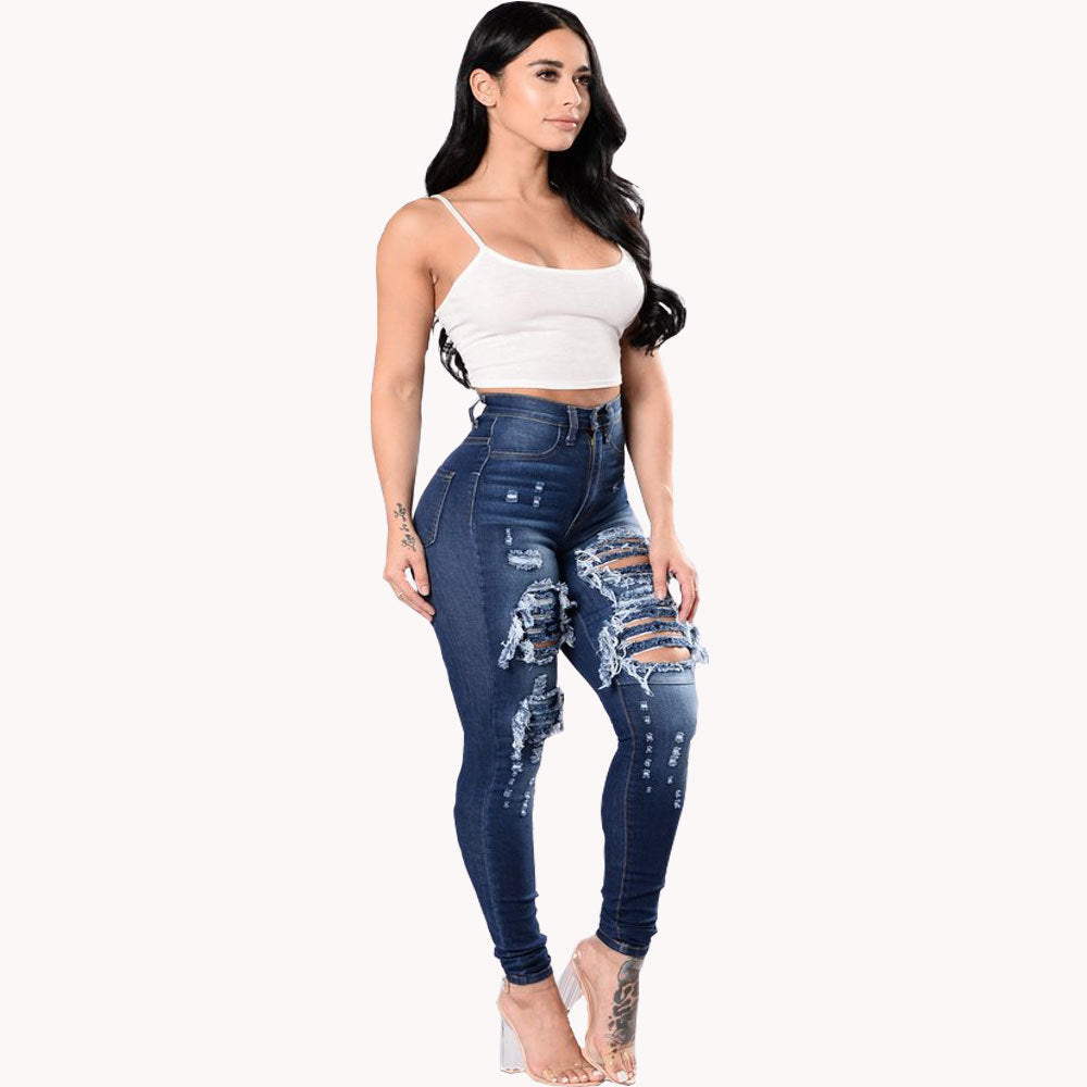 Pantalon en jean bleu délavé déchiré pour femme