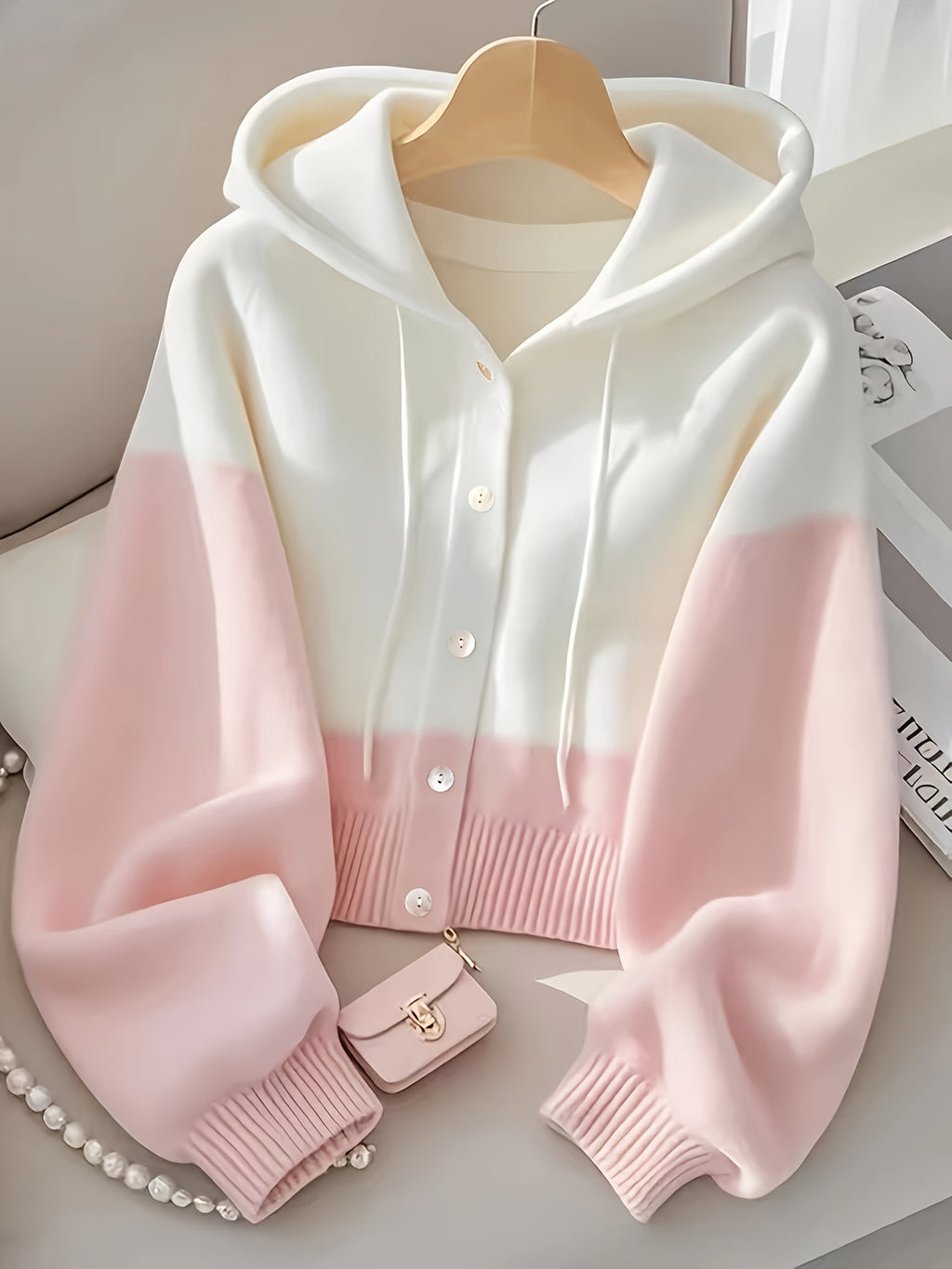 Patchwork Hooded Knitted Top High-Grade Lazy Cardigan