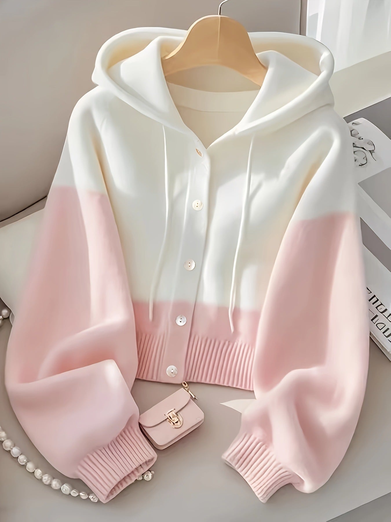 Patchwork Hooded Knitted Top High-Grade Lazy Cardigan