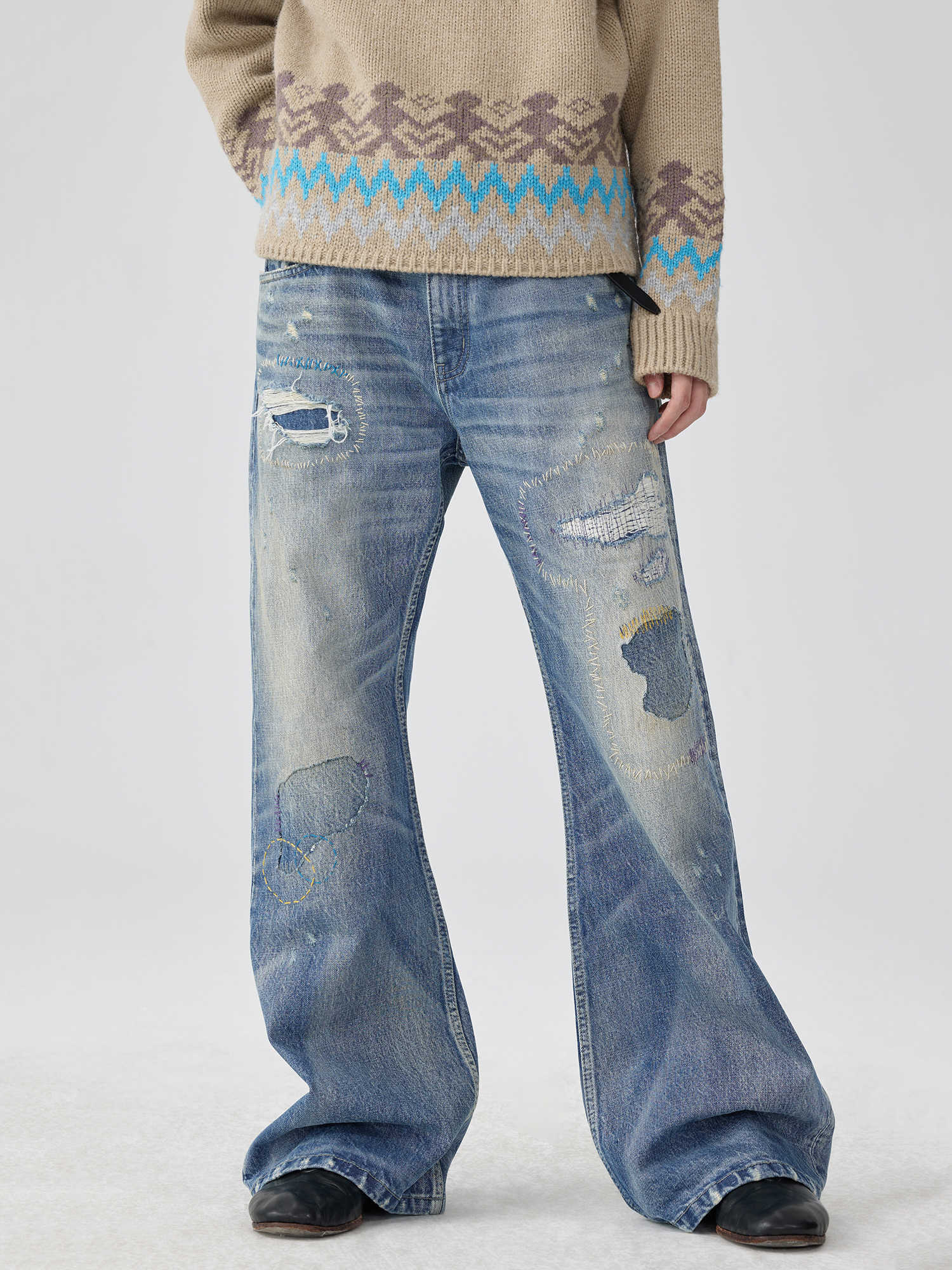 Washed Blue Mid Waist Flared Denim Jeans with Patch & Wire-Track