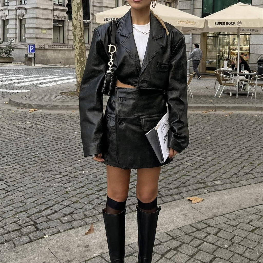 Hot Girl Black Polyester Leather Skirt Suit with Long Sleeve