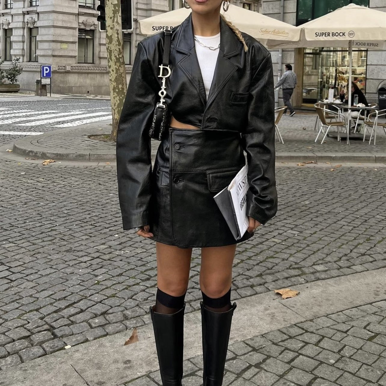 Hot Girl Black Polyester Leather Skirt Suit with Long Sleeve