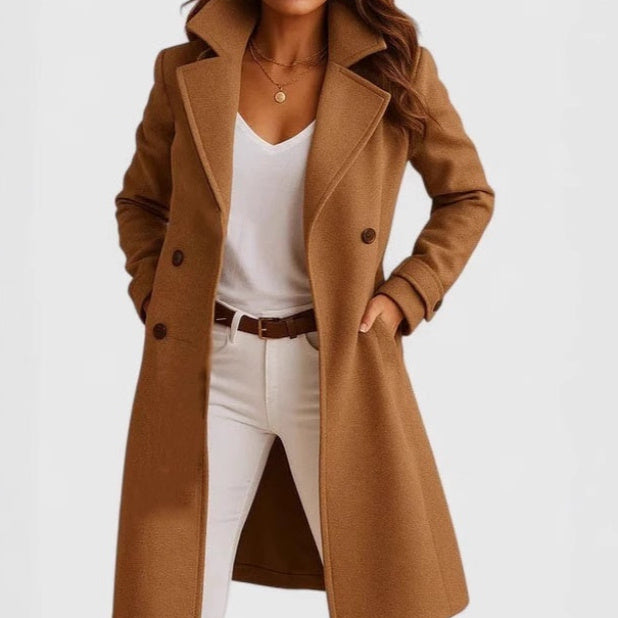 Women's Single-Breasted Mid-Length Woolen Coat with Pockets and Lapel – Casual Long Sleeve Outwear