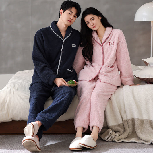 Thick Warm Flannel Coral Fleece Couple Pajama Set Long Sleeves