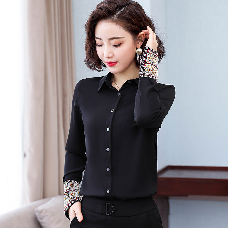 Chemisier en mousseline brodé blanc à manches longues pour femme style chinois
