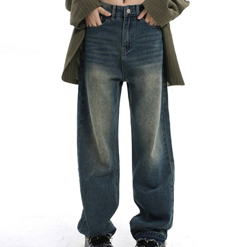 High Waist Retro Blue Wide Leg Denim Jeans Loose Fit Straight Tube Pants