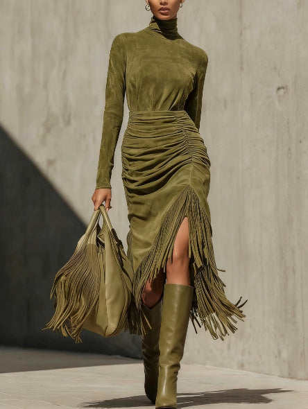 Robe à franges vert olive élégante pour femmes européennes et américaines