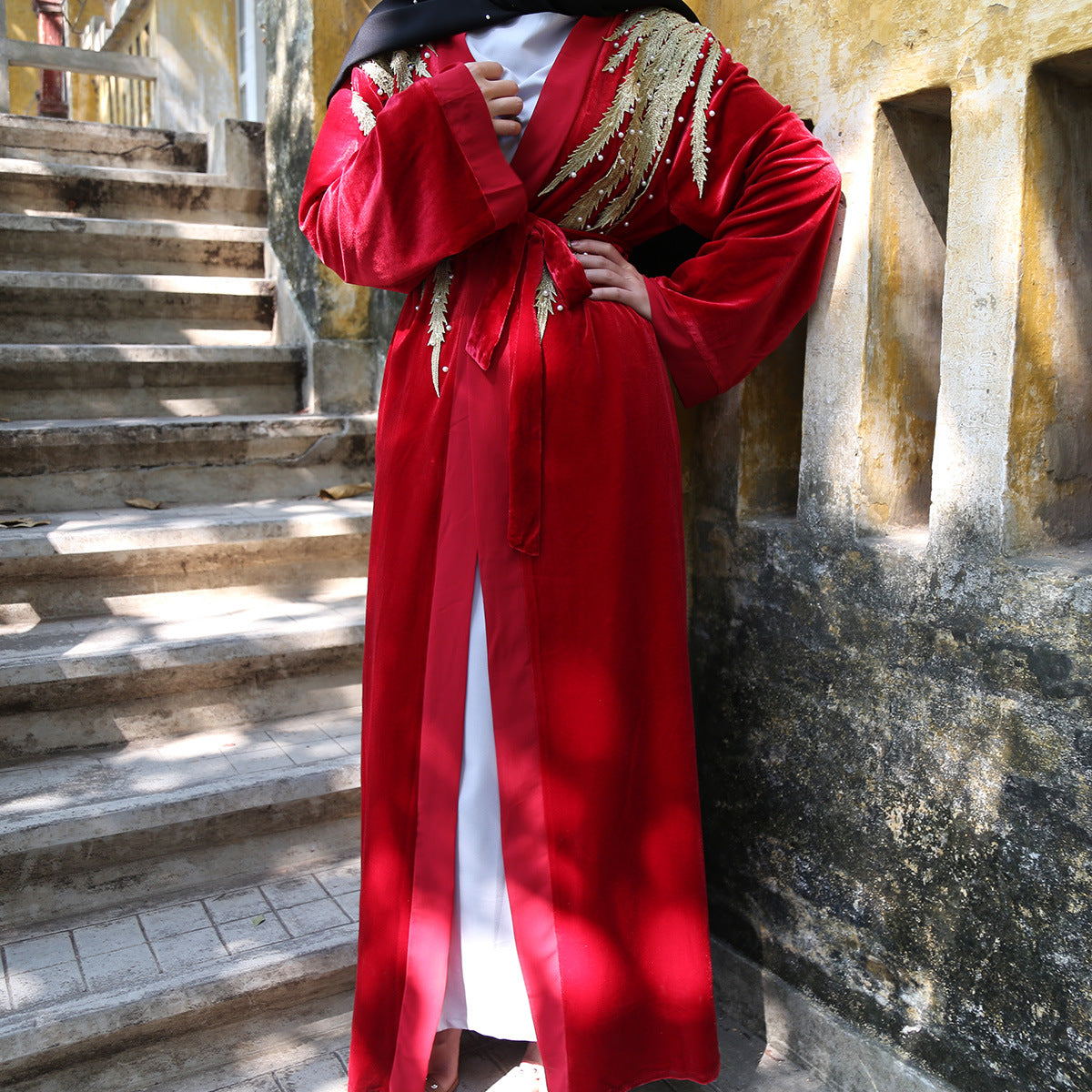 Muslim Women's Pearl Cardigan Robe Dress