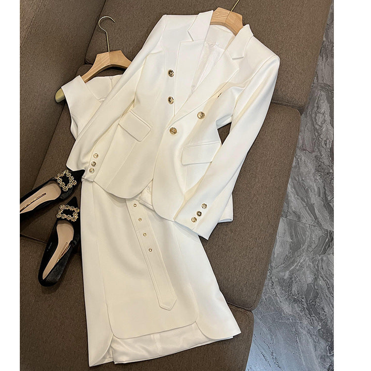 Women's White Denim Vest Skirt and Jacket Two-Piece Set