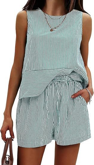 Vertical Striped Waist Round Neck Sleeveless Suit