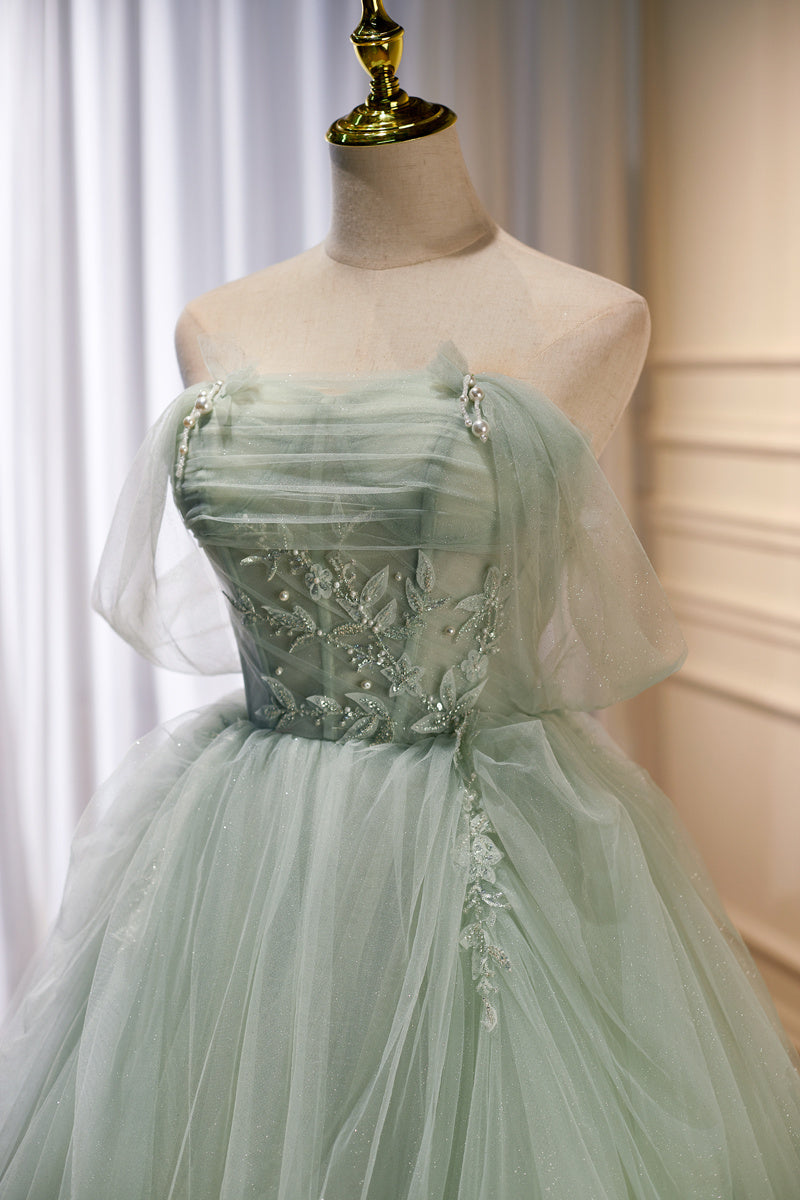 Robe de mariée de soirée en polyester vert beige avec traîne de haute qualité