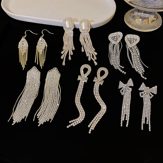 Silver Needle Exquisite Full Diamond Long Fringe Earrings