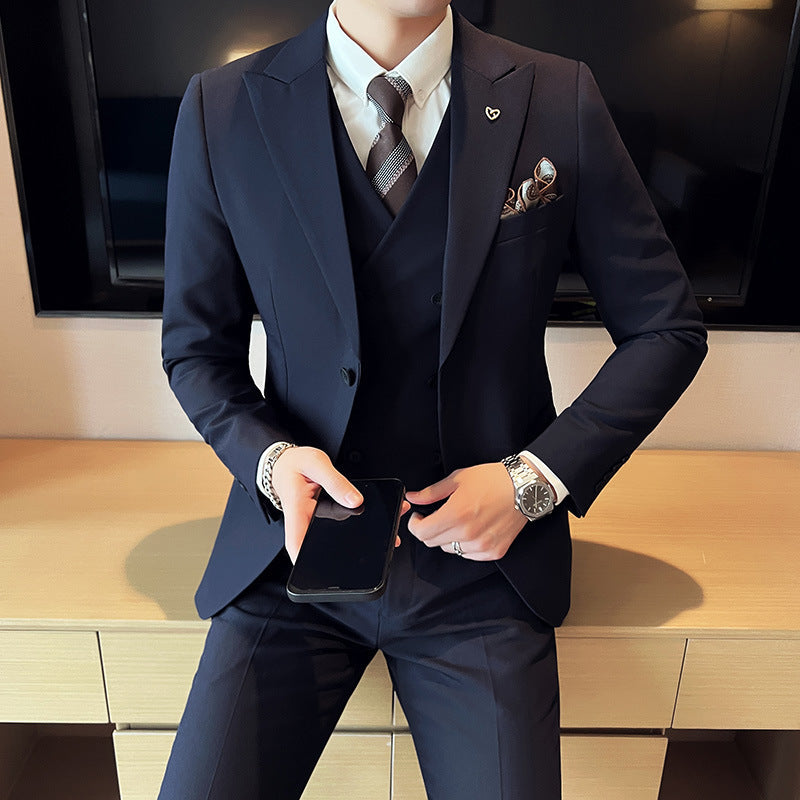 Suit Three-piece Suit Slim Double Buckle Solid Color