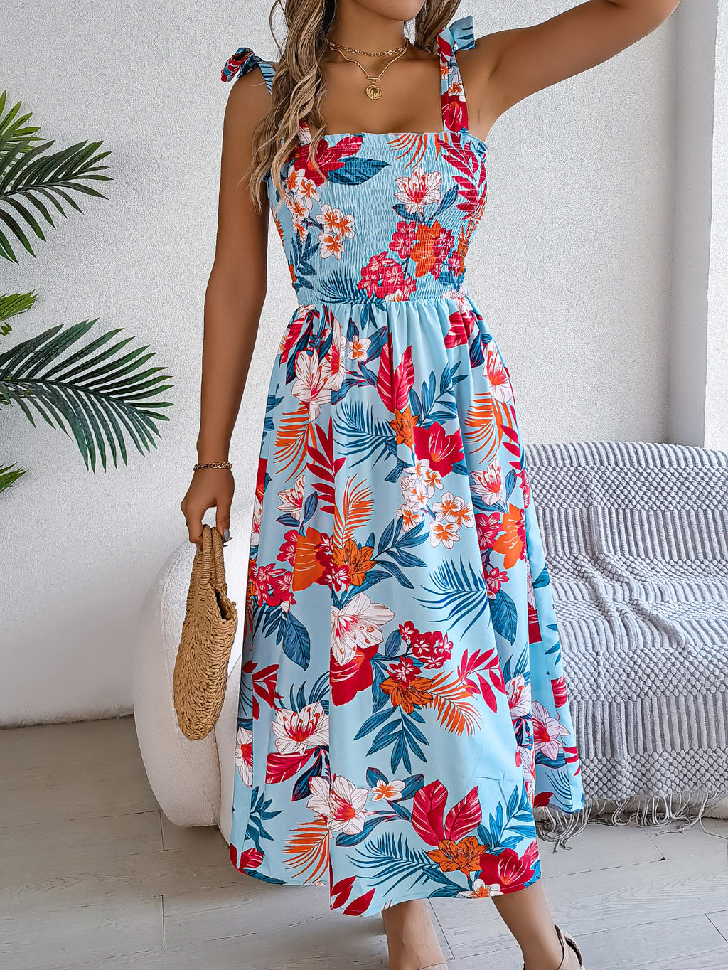 Floral Print Suspender Corset Dress Sleeveless High-Waist Summer Beach Dress for Women