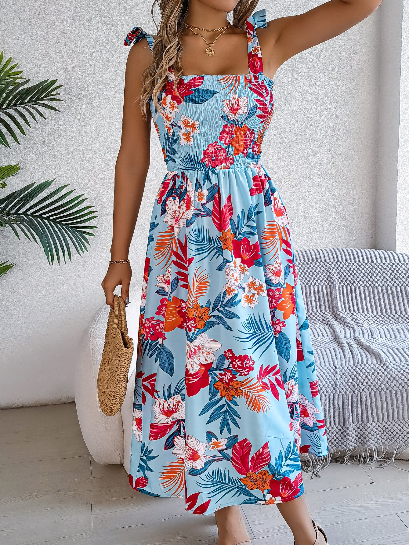 Floral Print Suspender Corset Dress Sleeveless High-Waist Summer Beach Dress for Women