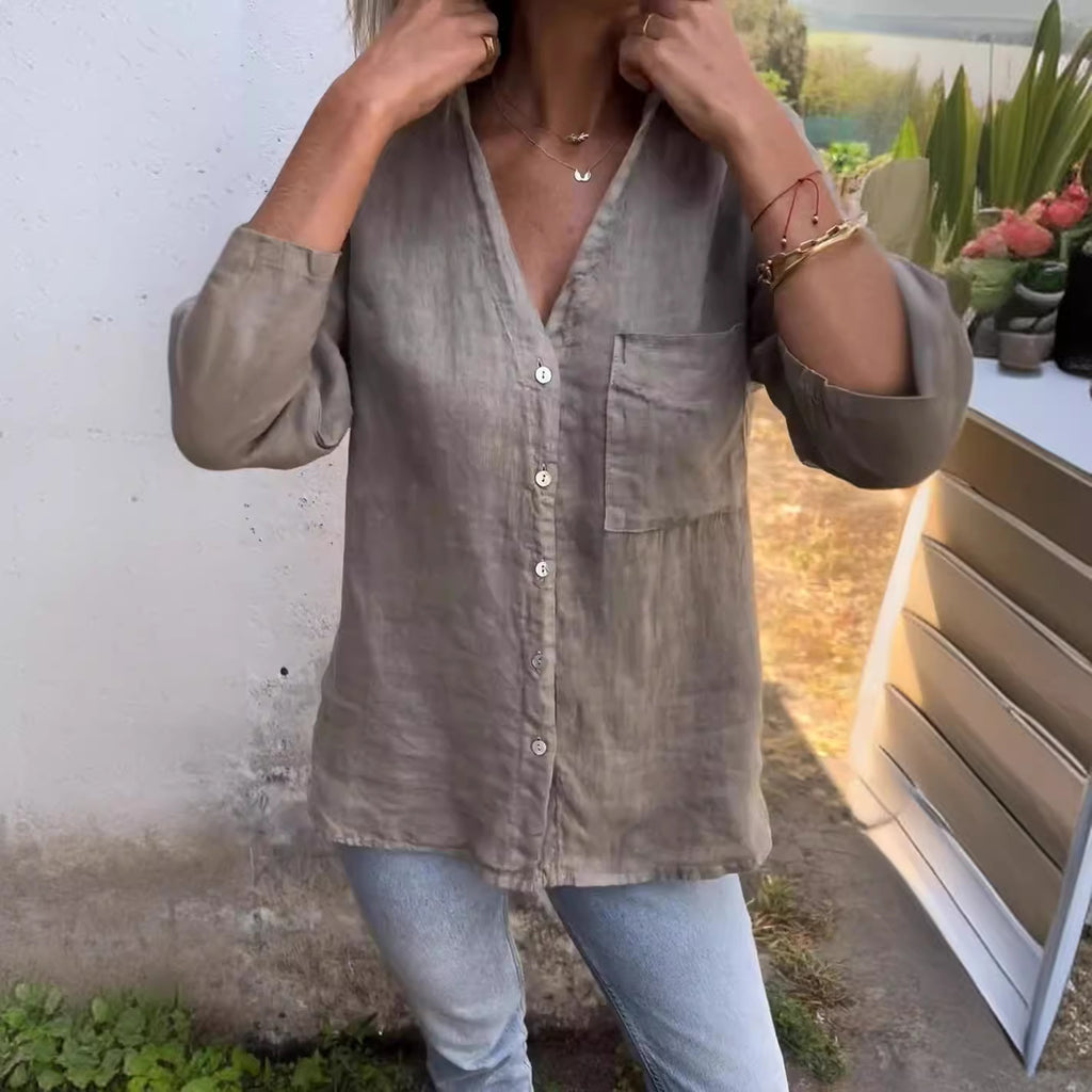 Chemise unie en polyester pour femme, coloris gris et bleu