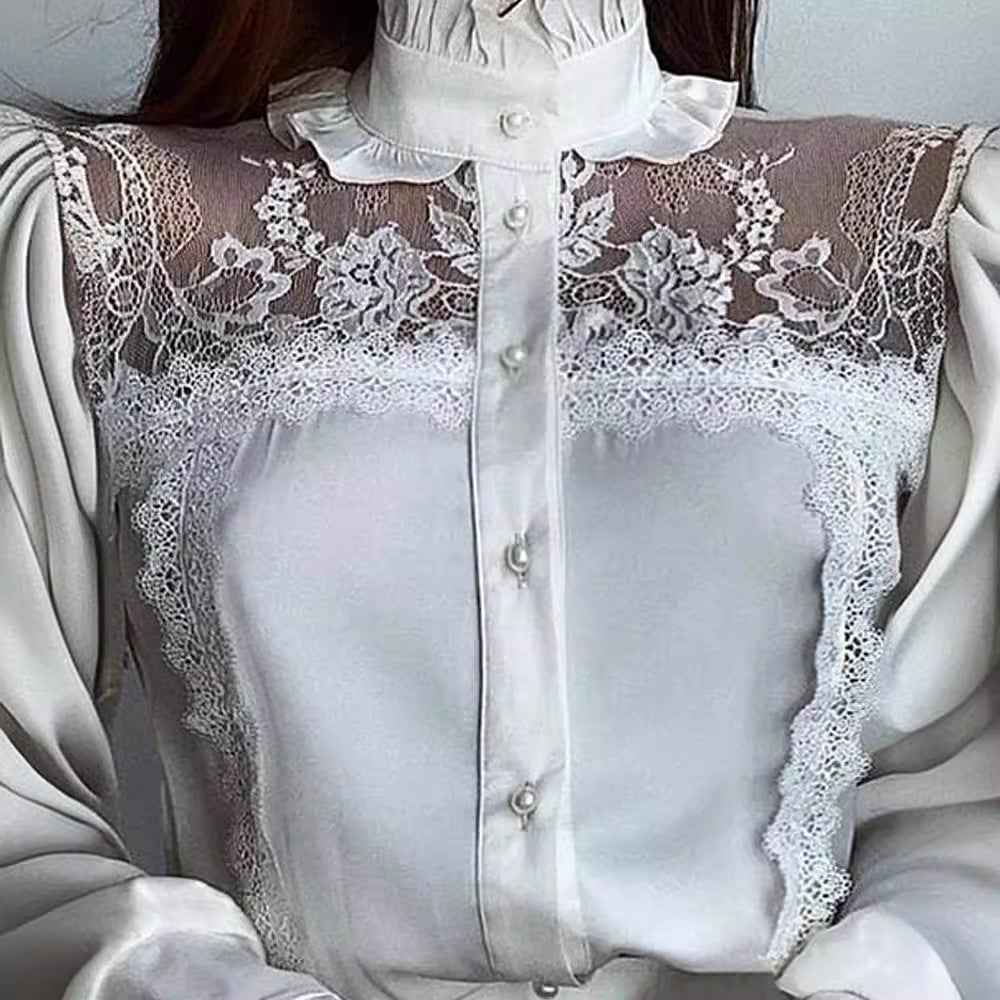 Chemise Femme en Modal à Manches Longues avec Coutures en Dentelle Blanche et Liseré