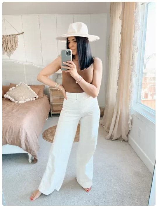 High Waist Wide Leg White Cotton Jeans for Women