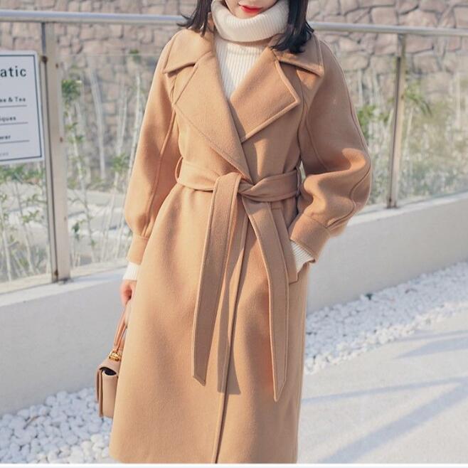 Women’s Autumn Winter Thickened Woolen Coat with Cinched Waist