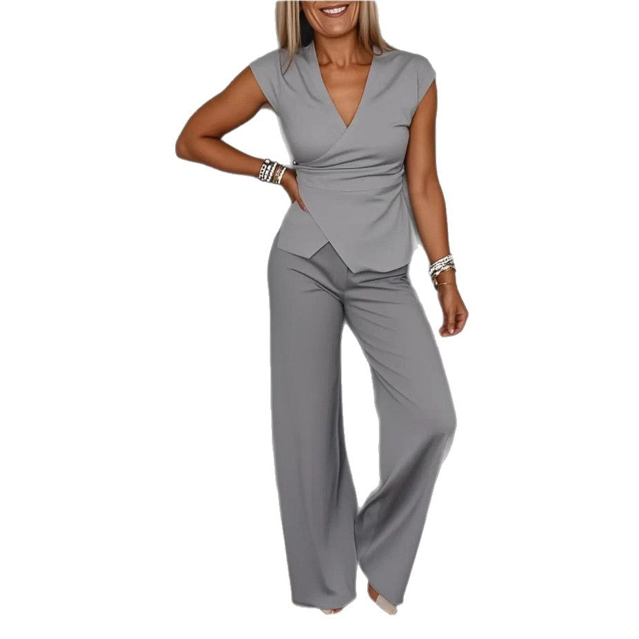Women's V-Neck Sleeveless Belt Buckle Two-Piece Set Solid Color