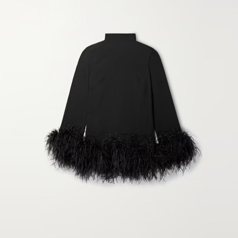 Black Turtleneck Long Sleeve Short Dress with Ostrich Feather Detail