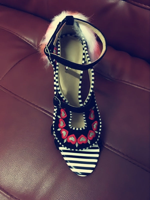 Embroidered Heart Suede Sandals with One Line Buckle, Sizes 34-43, Black