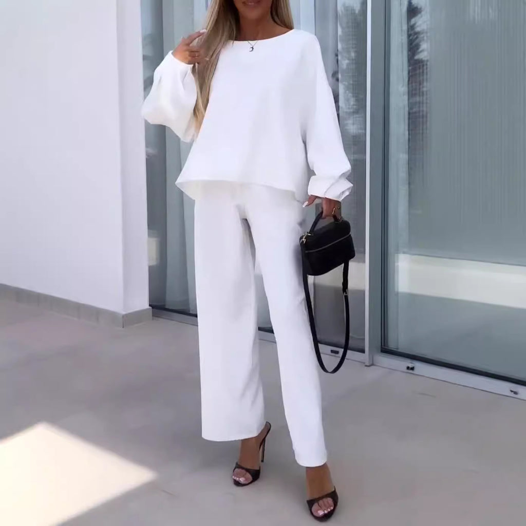 Ensemble deux-pièces femme couleur unie col rond manches longues taille élastique