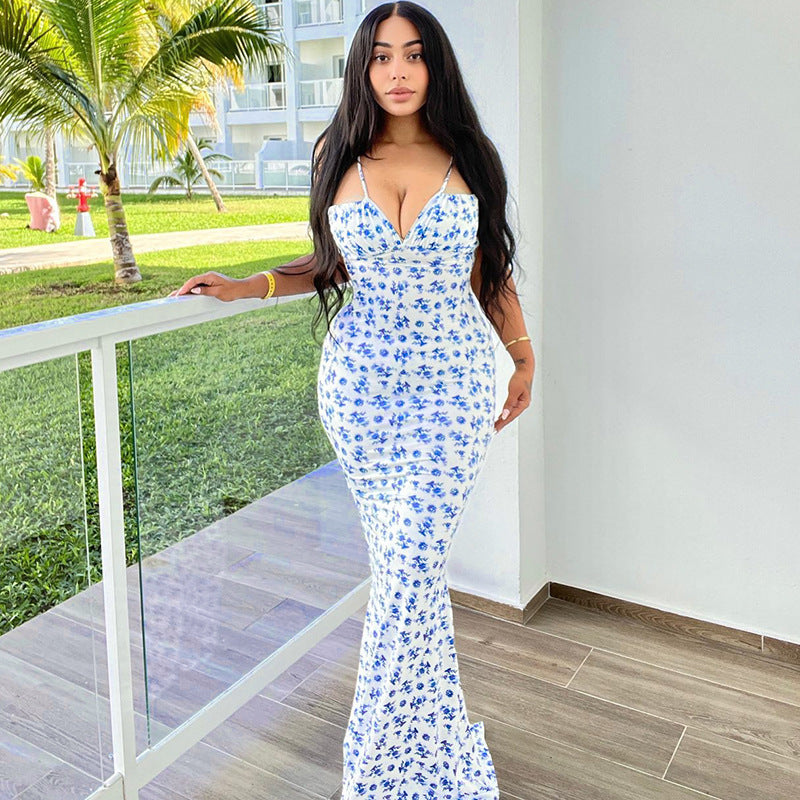 Fashion Flowers Print Summer Lace-Up Slim Backless Suspender Long Dress for Women