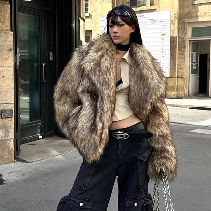 Women's Fur Coat Raccoon Fur Coat Brown Lapel Warm Furry Coat European And American Leisure