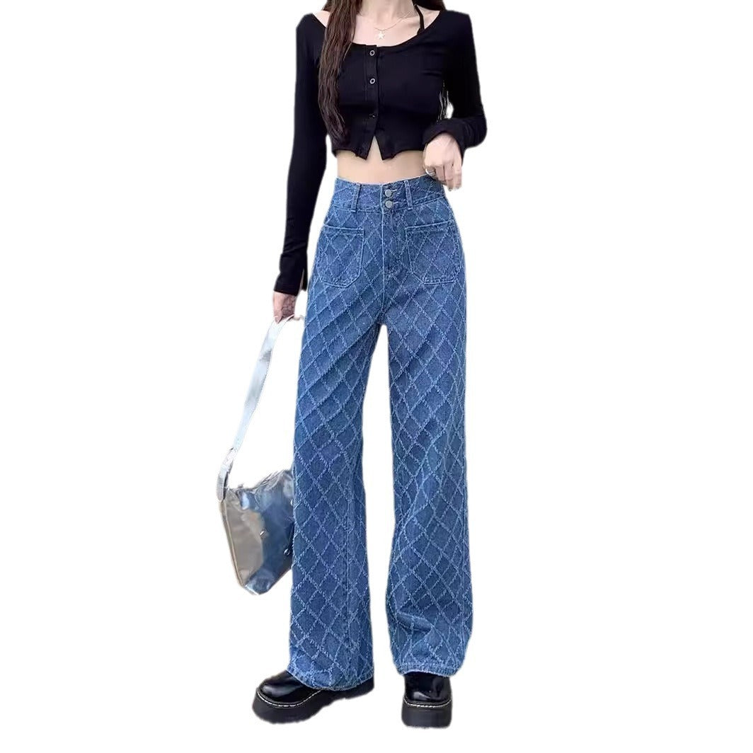 Summer Ladies New Loose Drooping Slimming Jacquard Design Straight-leg Denim Trousers